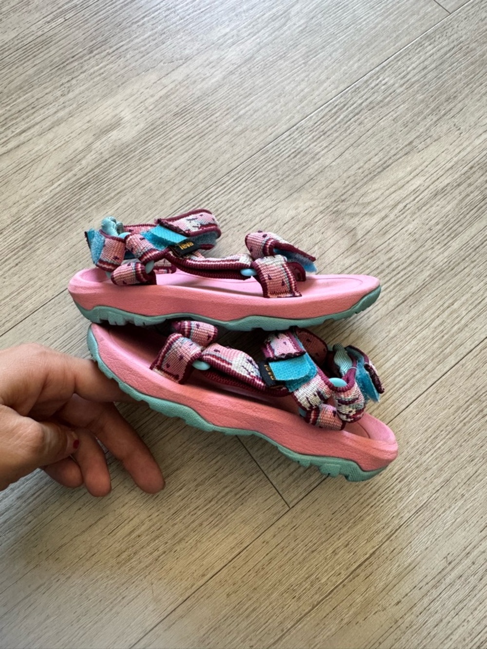 Teva Kids Coral Pink Sandals with Teal Accents - Picture 2 of 6